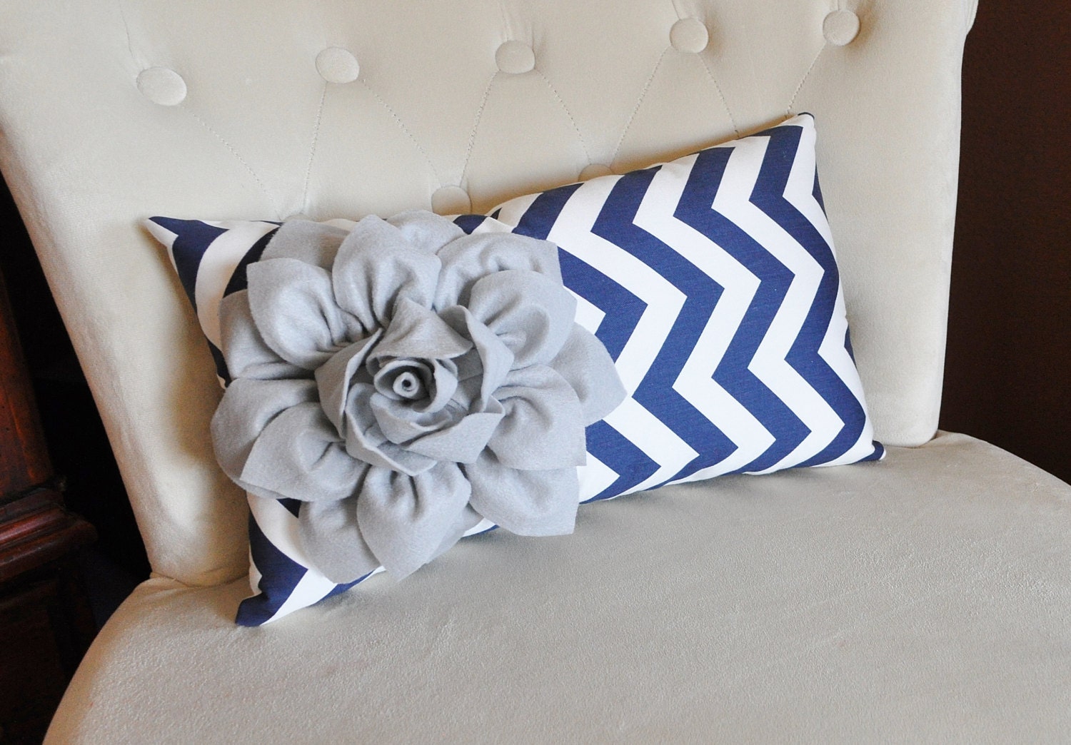 Gray Flower on Navy Chevron Lumbar Pillow