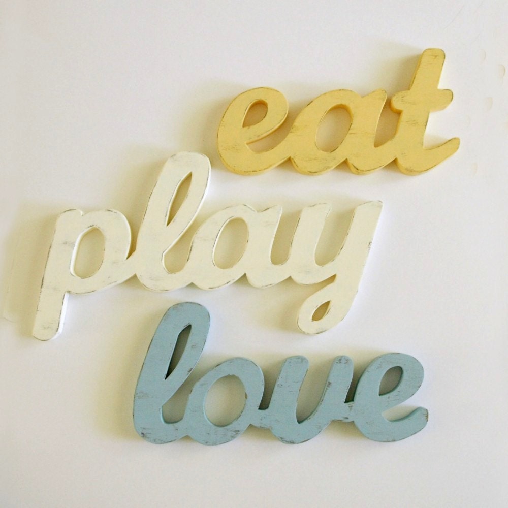Eat Sign, Play Sign, Love Sign Kitchen Decor.  Cottage Style. Antique Yellow, Creamy Ivory, Vintage Blue