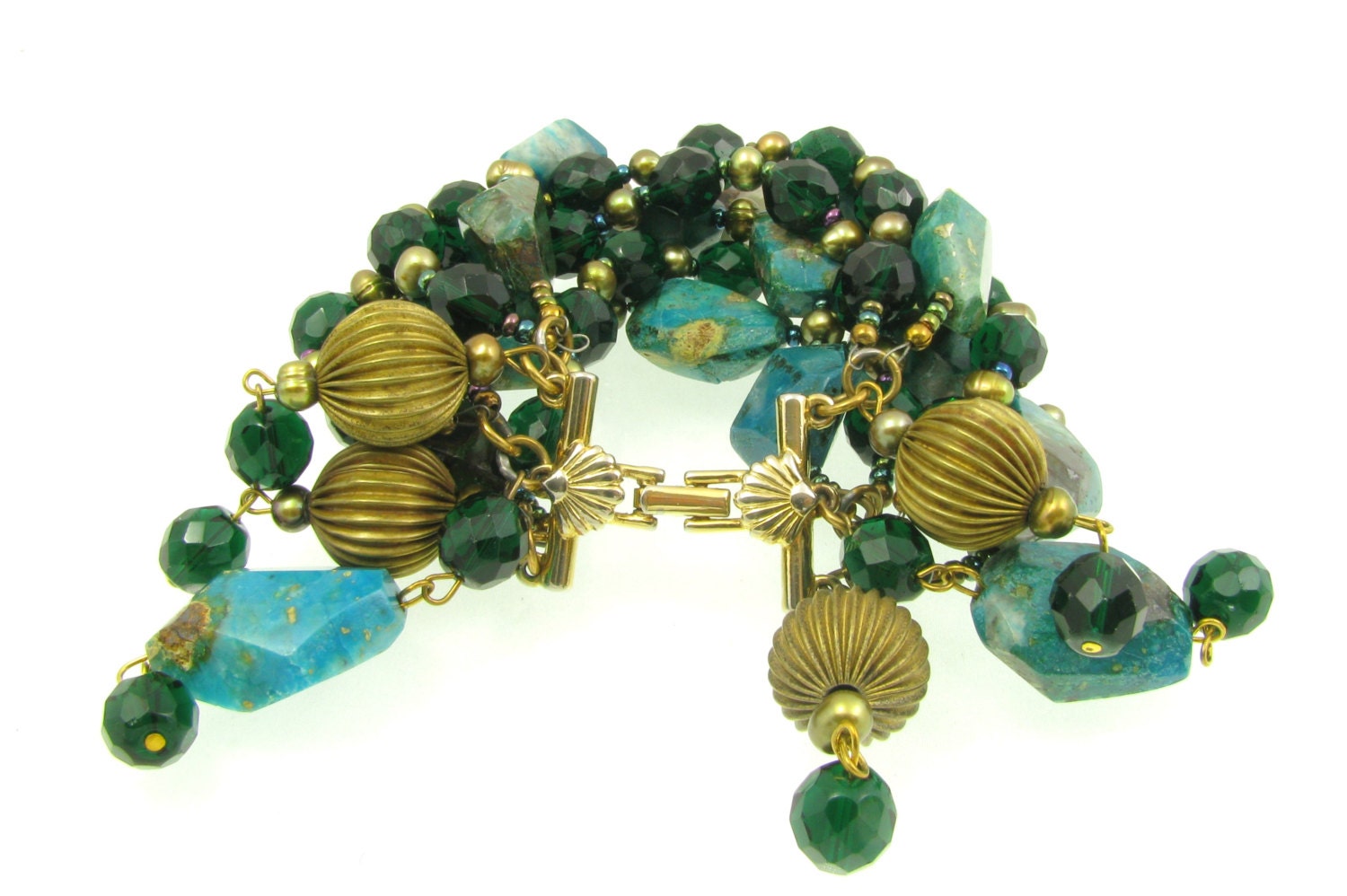Big Jewelry - Statement Cuff  - Handmade Bracelet - Natural Chrysocolla -Fresh Water Pearl-  Brass - Aqua Blue, Green, Gold Tones
