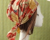 Head cover scarf Japanese kimono print Red, flower, Crane