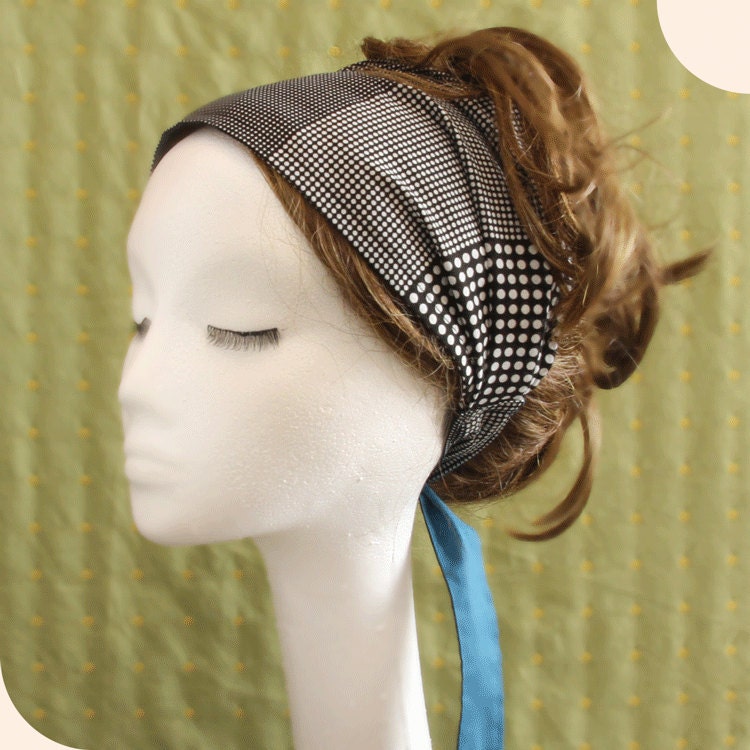 cotton Hair scarf - Multi size -Black Polka Dots on White Teal ribbon