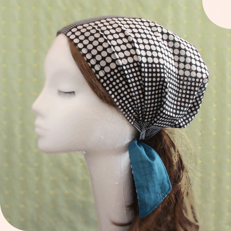 Head cover scarf Cotton Black Polka Dots on White