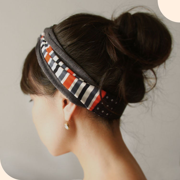 Stretchy Jersey, Ring, Knot, headband, Turban, Orange Gray Black White Stripes and Gray