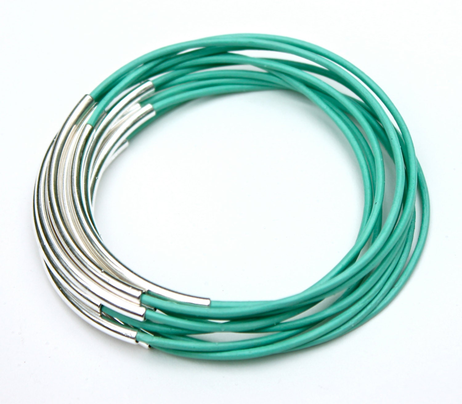 Creme de Menthe Leather Bangle Bracelets Creamy Mint Set of 10 Stacking Bangle Bracelets Amy Fine Design