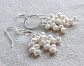 Pearl Cluster Earrings, Hammered Silver Earrings, Pearl Bridal Jewelry