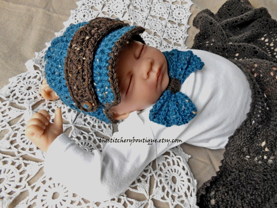 Newborn boy Newsboy hat Bowtie baby boy Photo prop hat Billed hat bow tie tweed blue brown