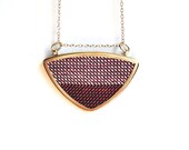 gold geometric triangle necklace // cross stitched pink and white // modern
