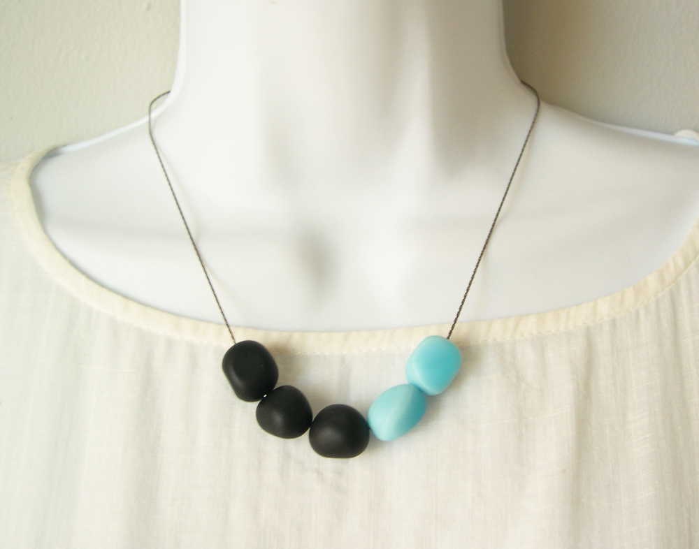 Recycled Glass Necklace - Color Block Jewelry, Black, Baby Blue, Colorblock, Chunky, Oxidized Look Silver