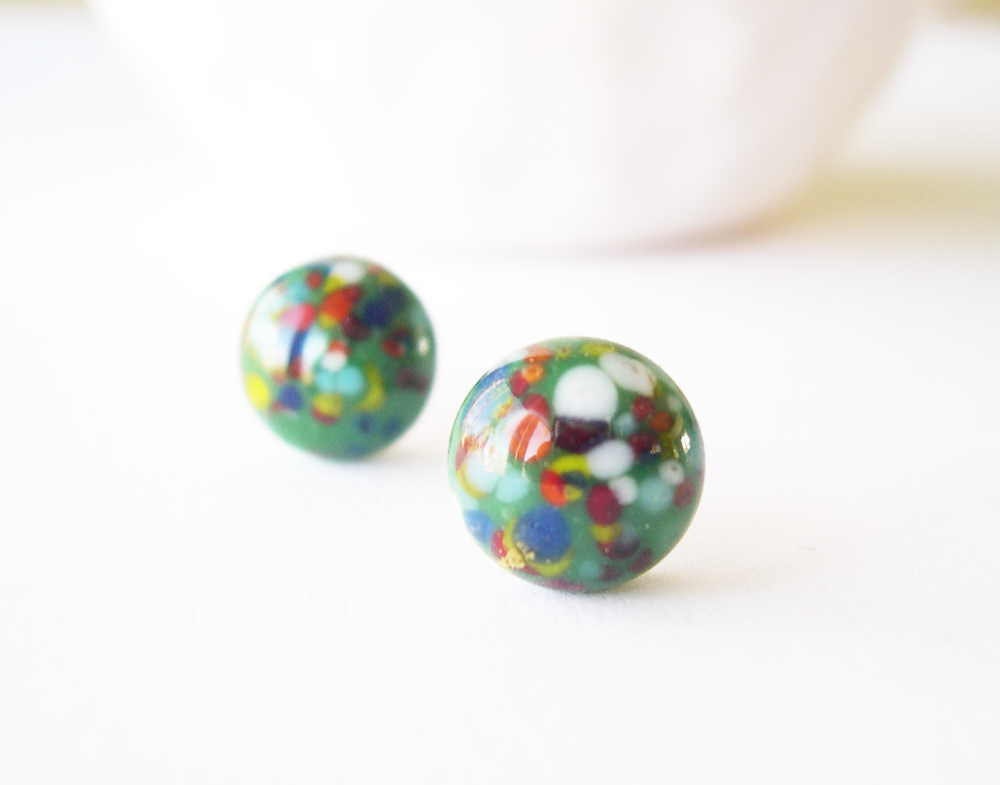 Nickel Free Post Earrings - Green Studs, Titanium, Vintage Confetti Glass, Small, Petite, Multicolor, Multi color, White, Orange, Blue