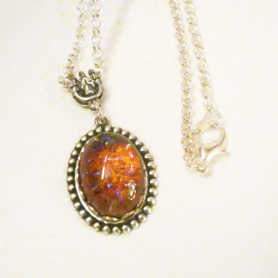 Dragons Breath Necklace - Victorian Style Antiqued Silver Necklace, Harlequin Glass Opal Gem - Spark