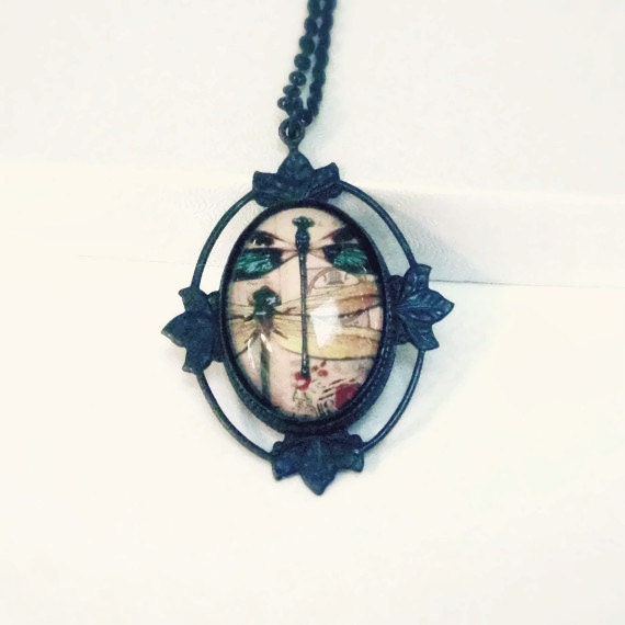 Dragonfly Necklace with Multi Color Wings, Black Flower Leaf, Antiqued Brass Chain - Dragonfly Necklace