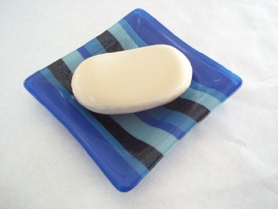 DISH - All Blues Glitter Stripe Fused Glass Dish, Soap Dish, Ring Keeper