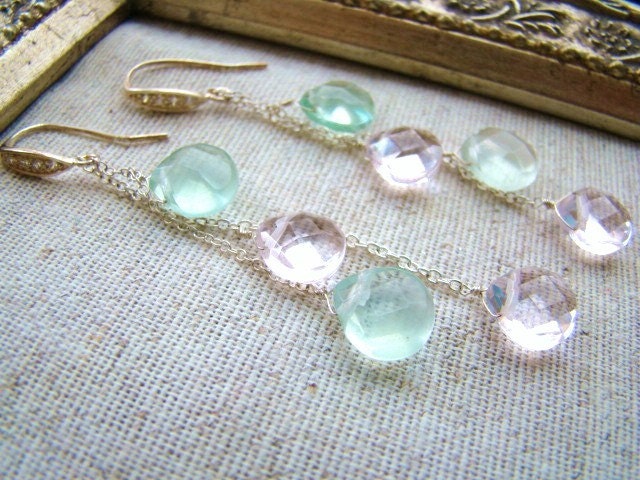 Pale Pink Topaz Green Fluorite Gems Silver Earrings. 3 inches