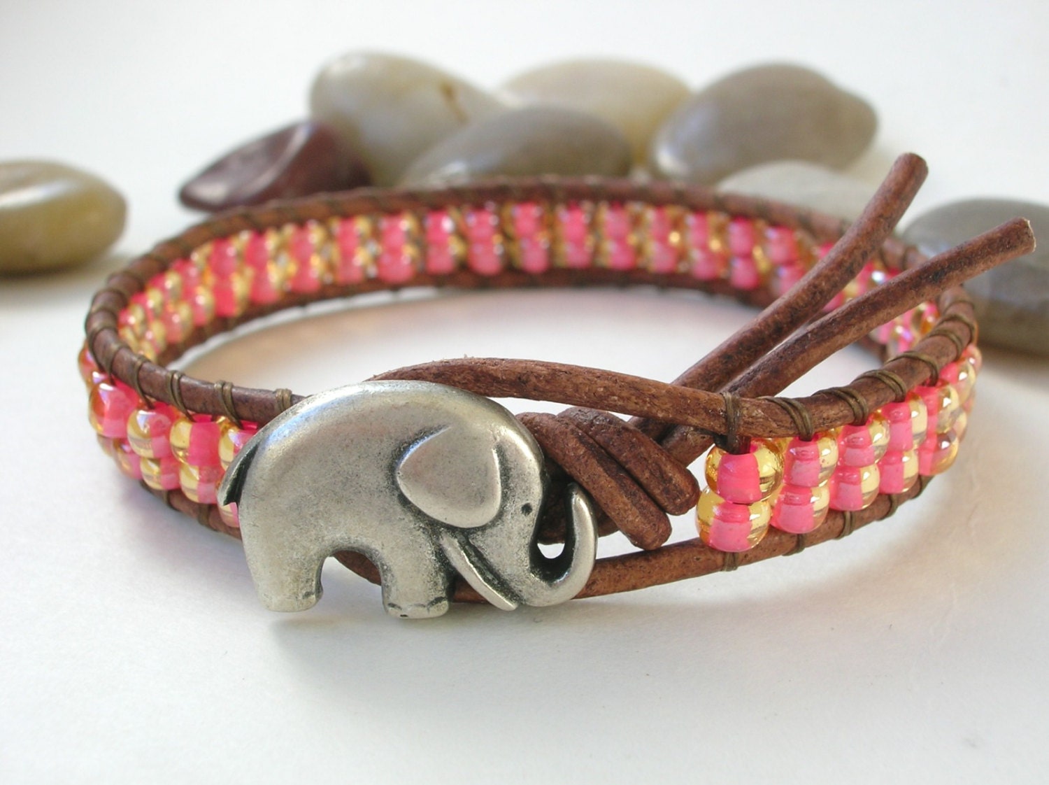 Pink Elephant Bracelet - Lucky Girl - Bohemian jewelry, spring boho chic, leather wrap bracelet, stacking bracelet, good luck charm