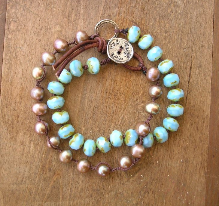 Knotted bracelet, beach jewelry artisan silver, freshwater pearls, blue opal turquoise, leather, wrap bracelet, summer boho bohemian jewelry