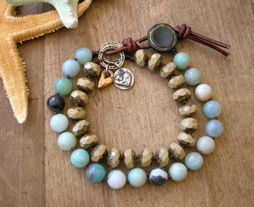 Boho knotted bracelet "Summer Crush" amazonite bracelet beach jewelry, sundance artisan silver bronze, heart charms leather bohemian jewelry