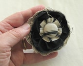 Black Dupioni Silk Frayed Flower with Black & White Ticking Stripe Button and Ecru Lace - Shabby Chic Boutonniere