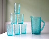Vintage Anchor Hocking Aquamarine Lido Soreno Pitcher and Glasses Set