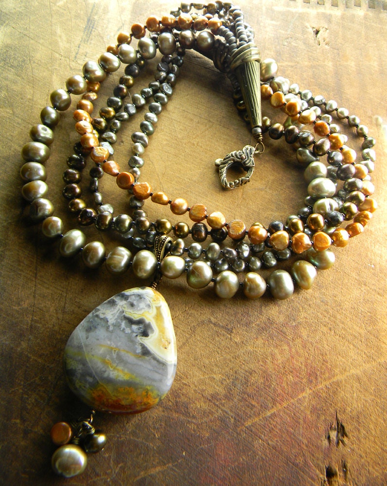 Crazy Lace Agate Pendant Necklace Pearls Brass OOAK