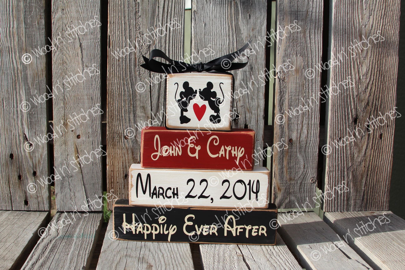 Disney Mickey Minnie Mouse Wedding Family Personalized Established Name Monogram Block Set sign wood block set christmas anniversary gift