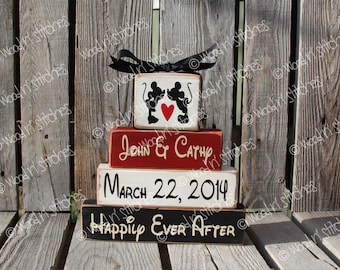 Disney Mickey Minnie Mouse Wedding Family Personalized Established Name Monogram Block Set sign wood block set christmas anniversary gift