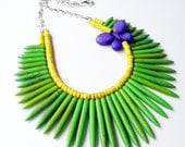 Green Yellow Sticks With Purple Butterfly  Turquoise Beaded Necklace,Spikes Bohemian- Maui-  2 Layers Green Spike Necklace/Statement Jewelry
