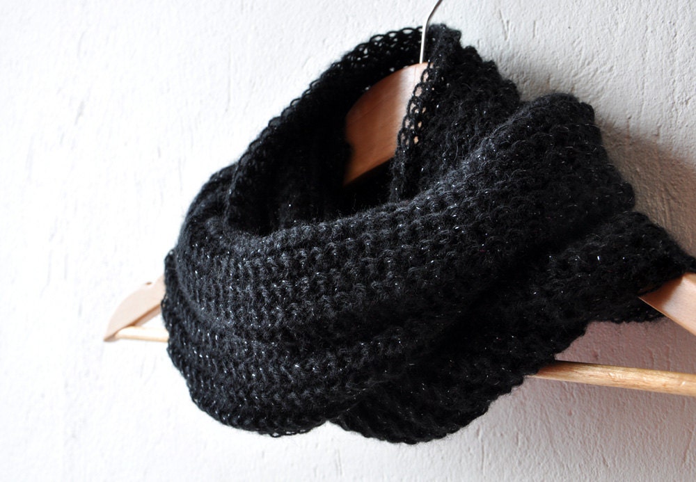 Black Loop Scarf - Infinity Knit Scarf Mohair Sparkle Double Wrap