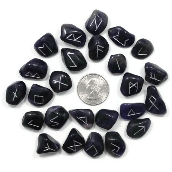 Small Dark Amethyst Rune Set Hand Carved Elder Futhark With Manual & Pouch