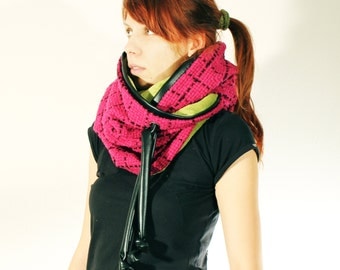 Pink Hooded Wool Scarf, Shawl with Strings and Green Fleece Lining