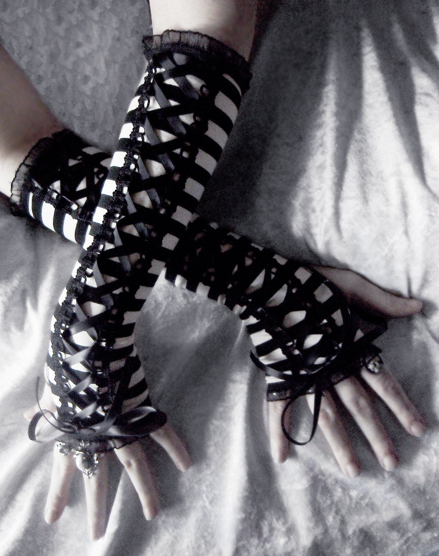 Imprisoned Maiden Arm Warmers Victorian Corset Laced Up - Black & White Stripes - Gothic Bohemian Lolita Alice Wedding Aviator Goth
