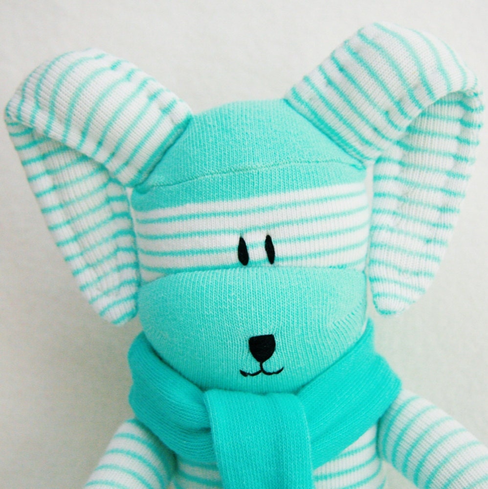 Sock Bunny Green and White Stripes, Sock Animal, Baby Rabbit Toy