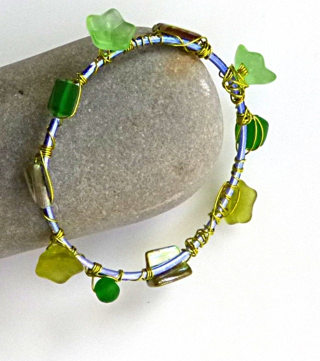 Ethereal Abalone Blessing Bangle Wire Wrapped Hues of Emerald Green Peridot and Sea Green