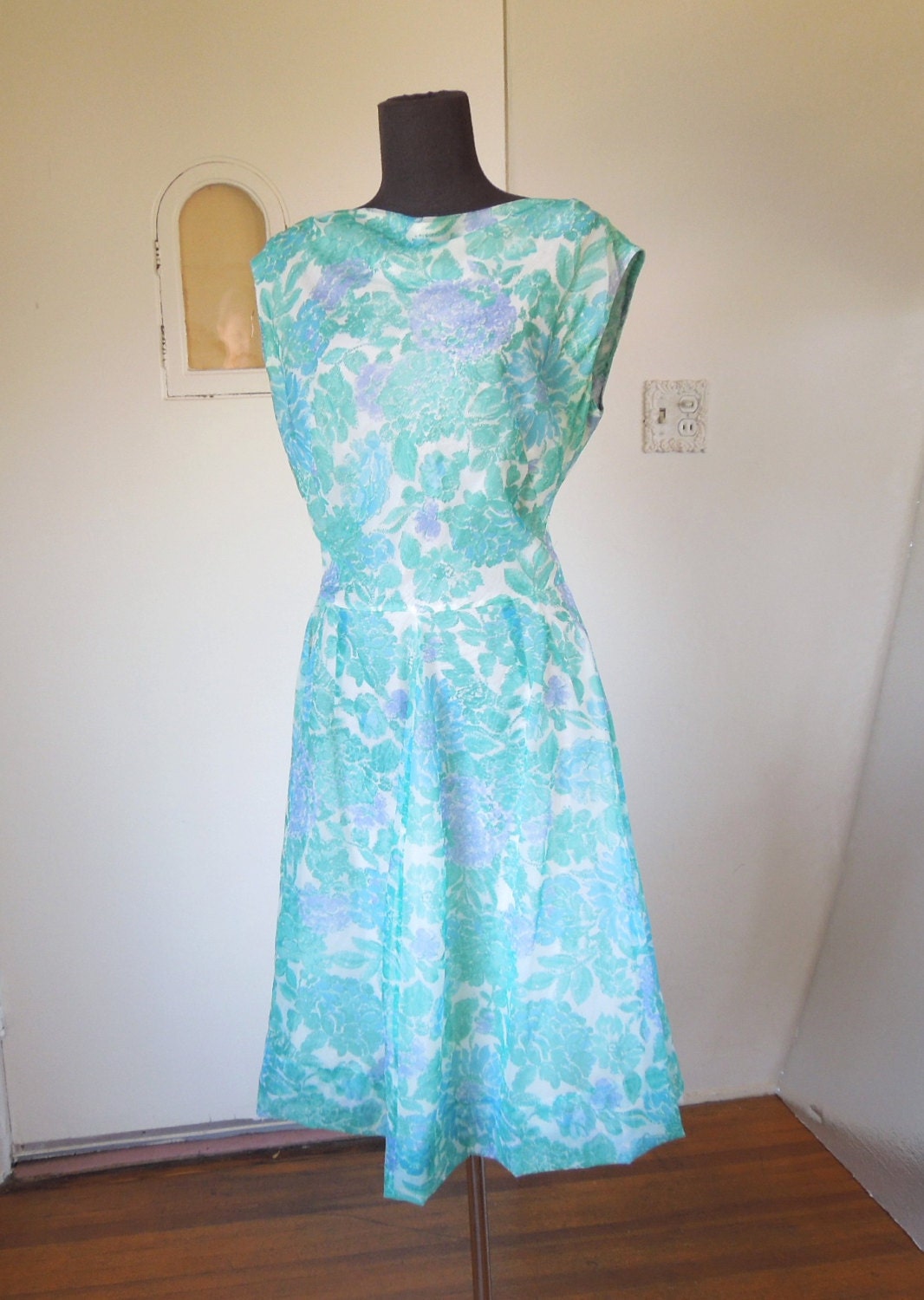 Vintage 60's Day Dress, Turquoise, Aqua, Lavender Floral, Sheer, Size Medium to Large