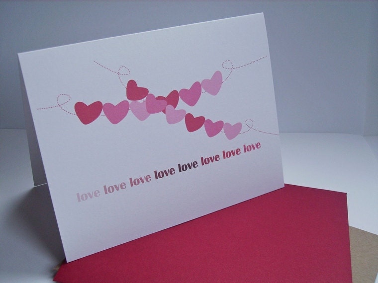 I Love You - Anniversary Card, Birthday Card, Ombre Hearts Red Pink Bunting Banners, Love Greeting Card, Valentine's Day Card Love
