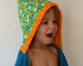 Green, Orange, and Teal Checkered Hooded Towel for Babies Who Will Grow into Kids