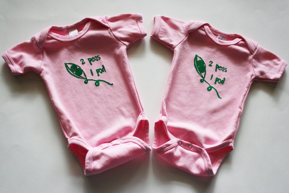 Twins Set of  "Two Peas One Pod" Handpainted Onesies