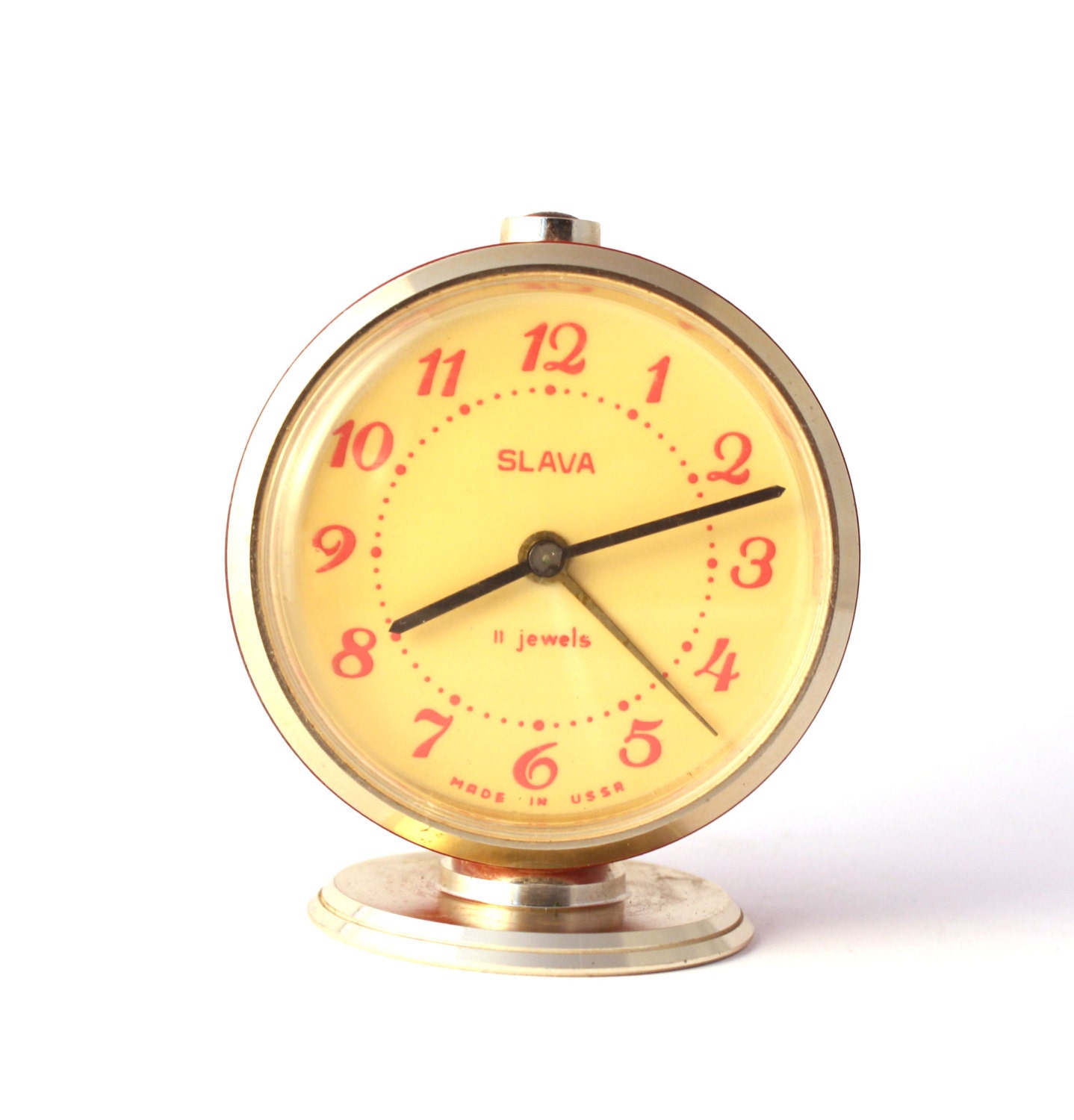 Vintage Russian mechanical alarm clock Slava from Soviet Union period red alarm clock
