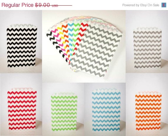ON SALE NOW Chevron Paper Bags.. 36Ct...Pick Your Color(s)...Orange Black Red Yellow Gray Red Green or Hot Pink Aqua Blue