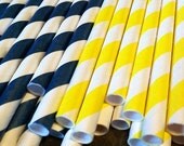 ON SALE NOW 30 Navy Blue and yellow Stripe Paper Straws.... w/ Diy Blank Printables, Retro, Vintage Inspired, Biodegradable