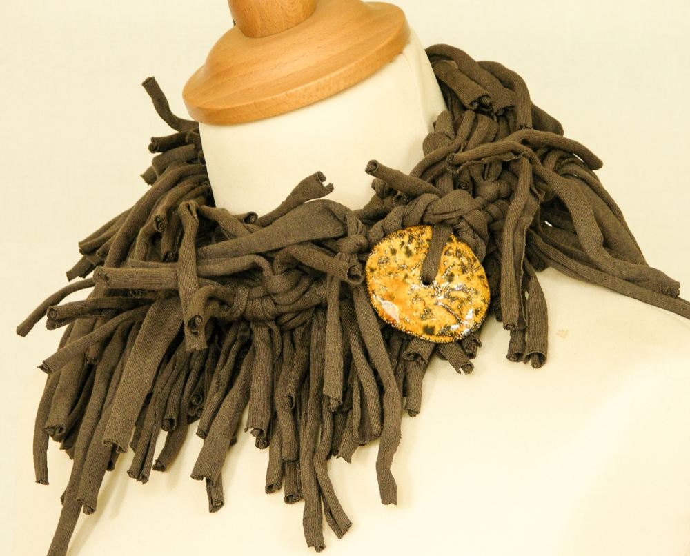 Scarf Necklace Scarf upcycled scarf recycled cotton jersey scarf ceramic long brown vegan  tagt team