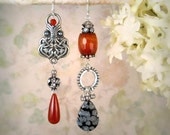 Interlace - Mismatch Assemblage Earrings, Burnt Red Orange, Carnelian, Snowflake Obsidian, Fall Autumn Tribal Statement Earrings