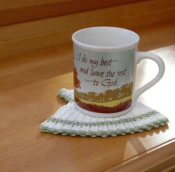 Coffee Mug Rug Crochet Coaster, Hot Pad, Pinafore Dress Design Mat, Handmade by NutmegCottage, Hostess Gift Idea