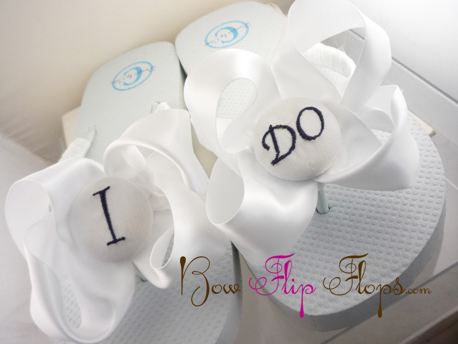 Bridal flip flops Satin White or Ivory I DO something blue Wedding Flip Flops, Mongorammed, flower girls, bridesmaids, Bridal Shower