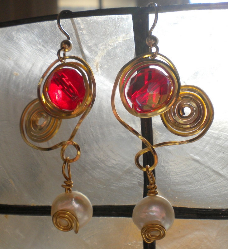 Heart, Ruby Crystal and Pearl Earrings