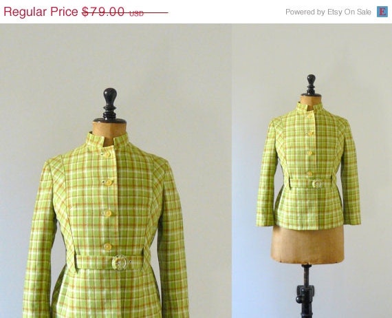 20% OFF SALE Vintage 1960s mod belted jacket. lime green orangeplaid blazer