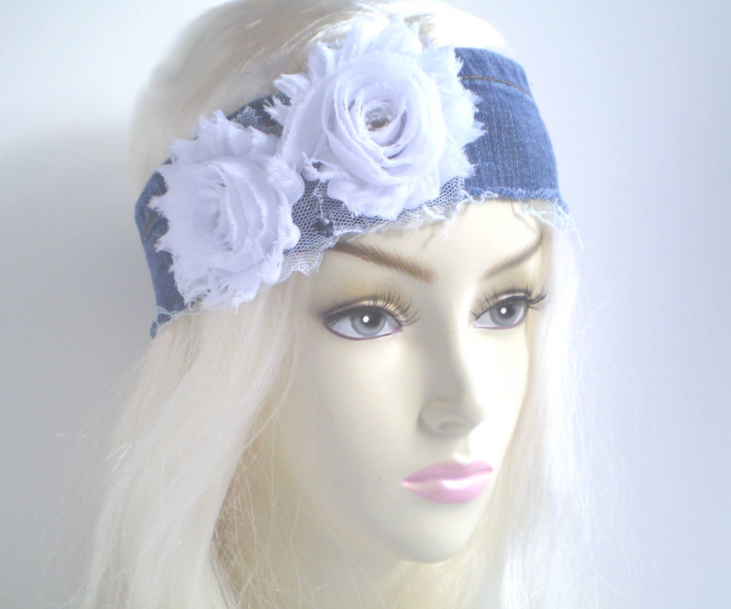 White Flower Denim Headband Boho Headband by SGArtandFashion