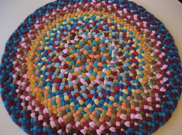 Ready To Ship Turquoise and Red Round Braided Small Rug from recycled cotton