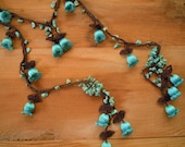 flower necklace,lariat, crochet, turquoise, brown