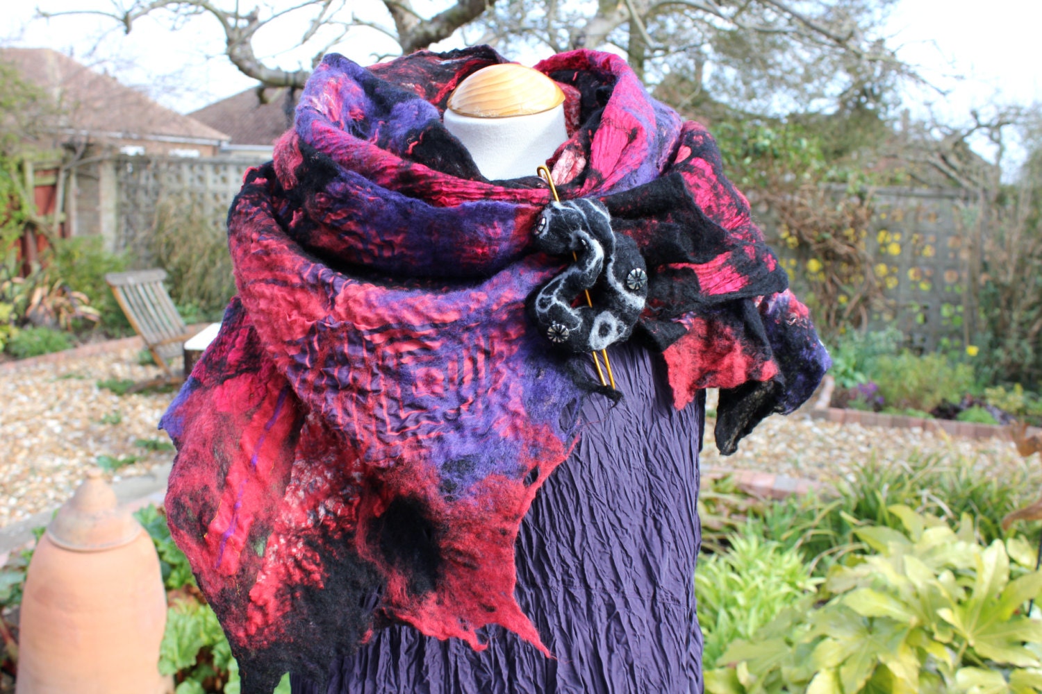 Nuno felted silk & wool shawl collage shawl - red purple black lagenlook - Art to Wear