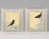 Love Birds, Damask Wall Decor, Cottage Chic, Shabby, Large Art Prints, Set of Two, 9 x 12 inches